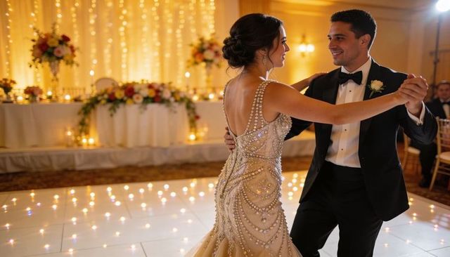 Dancing bride and groom in beaded gown and tuxedo on sparkling fairy-light dance floor