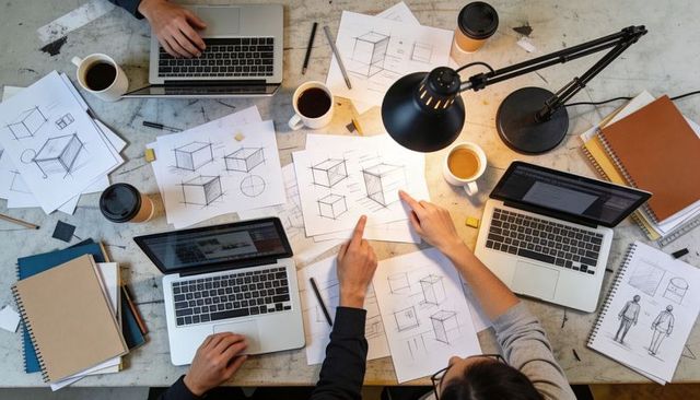 Creative team collaborating over perspective sketches and laptops pointing at design drafts