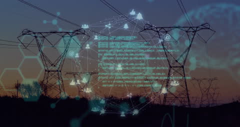 Global Data Overlay on Power Lines at Dusk