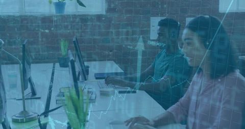 Business Team with Stock Overlay in Modern Urban Office