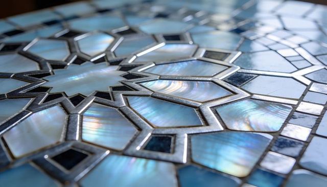 Iridescent mother-of-pearl mosaic tabletop featuring star motif and geometric opalescent inlay