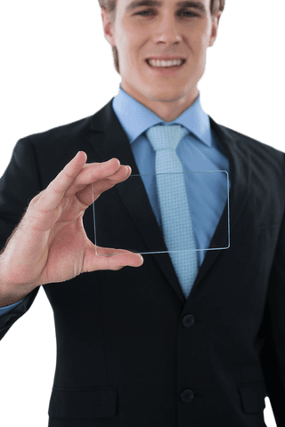 Smiling Businessman Holding Transparent Interface Mockup Isolated - Download Free Stock Videos Pikwizard.com
