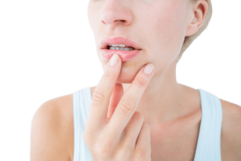 Contemplative woman touching lips on transparent background