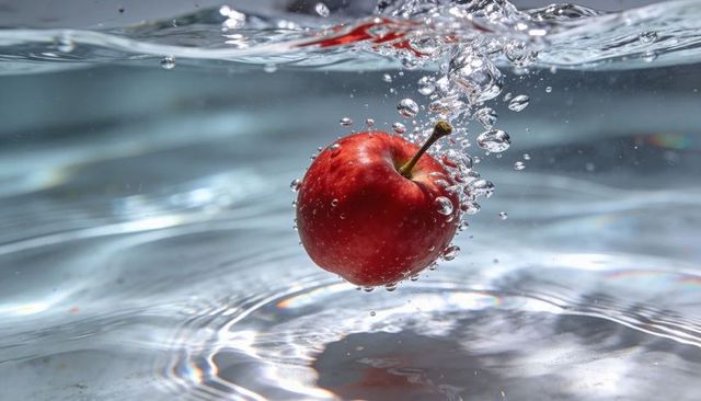 Red apple plunging underwater with rising bubbles and sparkling water reflections