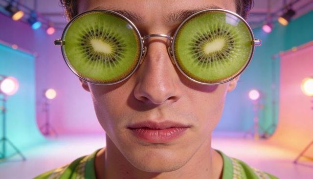 Close-up headshot young man wearing kiwi slice sunglasses in colorful neon studio lights