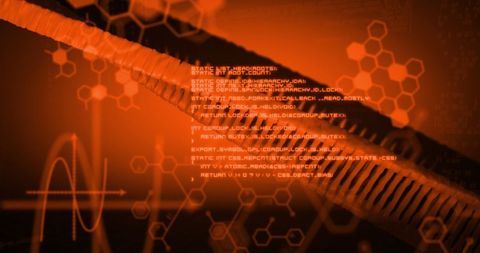 Digital DNA Strand with Data Code on Red Background