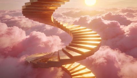 Golden spiral staircase ascending through pink clouds toward glowing sun, surreal dream helix
