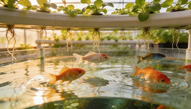 Aquaponics greenhouse showing goldfish swimming beneath floating seedling raft at sunrise
