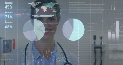 Female Doctor Analyzing Healthcare Data with Infographics Overlay