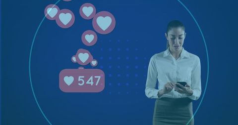 Woman Engaging with Social Media Heart Icons on Smartphone