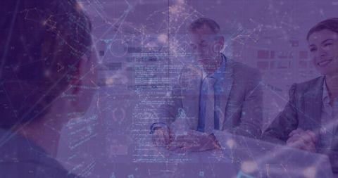 Business Professionals Discussing Technology with Digital Connections