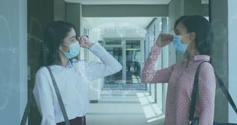 Professional Women Greetings with Masks During Pandemic and Brain Overlay