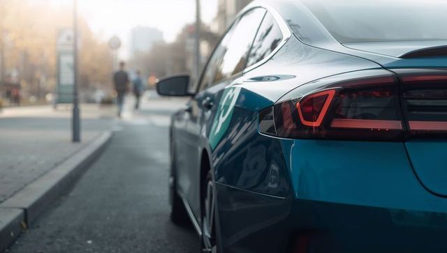 Glossy blue sedan rear quarter reflecting city street with decal and bokeh taillight glow