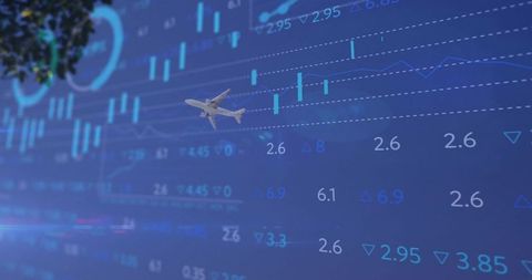 Airplane silhouette against data screen with graphs