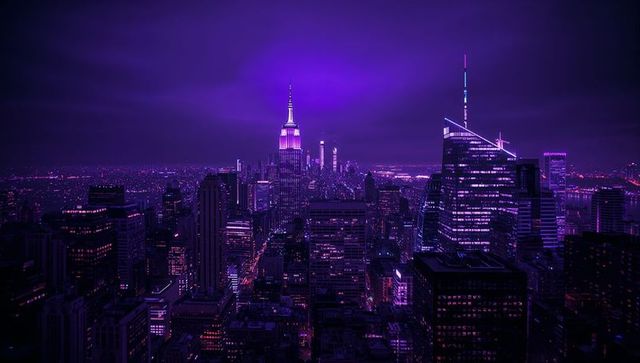City night skyline with vibrant purple lighting on modern skyscrapers