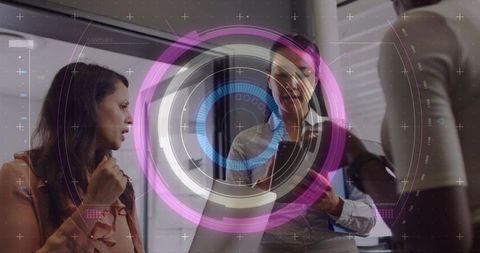 Diverse team meeting with digital interface overlay in modern office