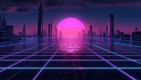 Neon retro-futuristic cityscape featuring banded magenta sun over reflective cyber grid