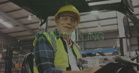 Senior forklift operator wearing hard hat and safety vest driving forklift in warehouse