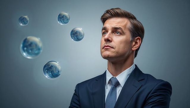 Contemplative Executive Gazing at Floating Spheres, Navy-Suited Leader with Abstract Orbs
