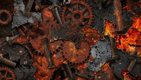 Rusted Gears and Bolts in Fiery Industrial Scene