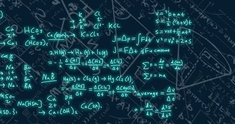 Complex scientific and mathematical formulas on blackboard