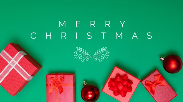 Horizontal image of white merry christmas text, with red gifts and baubles on green background. Christmas, seasonal greetings, tradition and celebration concept digitally generated image.