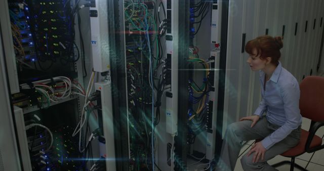 Woman observing network server equipment in data center, highlighting roles in IT and technology. Great for illustrating concepts of cybersecurity, network management, technical job roles, and data infrastructure in tech industry contexts. Useful for business presentations, IT department visuals, and educational materials on technology and infrastructure.