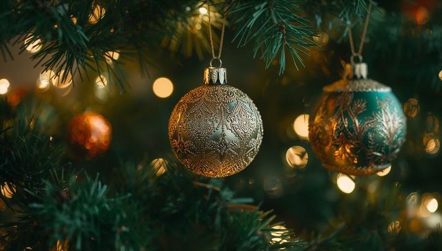 Gold Christmas Baubles Adorn Festive Tree Branch