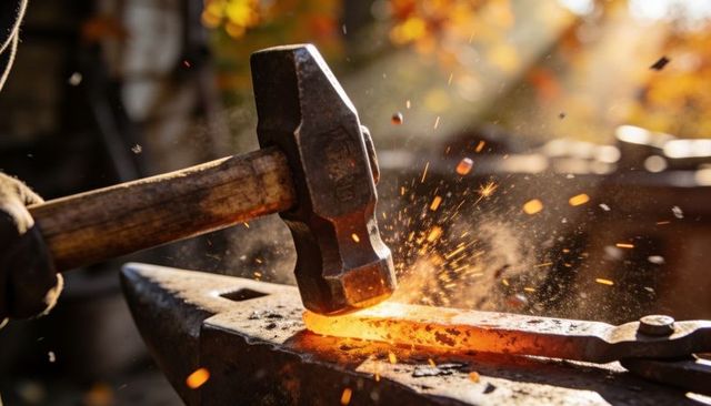 Hammering glowing metal on anvil creating sparks during blacksmith forging action