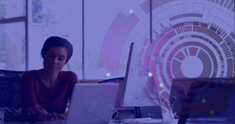 Thoughtful Woman Working with Futuristic Digital Elements