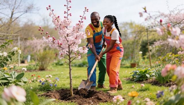 Couple planting pink flowering sapling, smiling and digging in colorful overalls