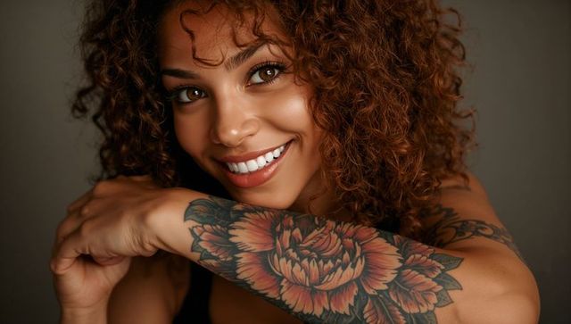 Curly woman smiling, leaning on crossed arms, displaying colorful floral forearm tattoo