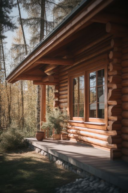 Log cabin in nature surrounded by trees, created using generative ai technology. Log cabin, vacation and nature concept digitally generated image.