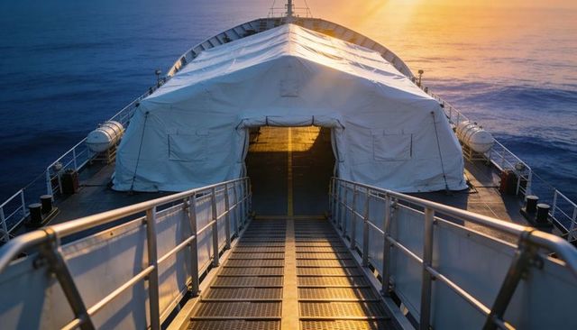 Metal gangway leading to white canopy tent on ship bow at golden sunrise