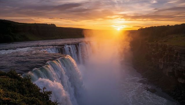 Golden Sunset Mist Pouring Over Majestic Waterfall Cascading Into Rugged Gorge