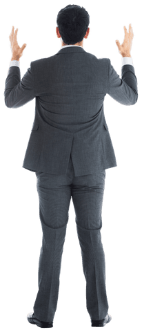 Back view of upset businessman in formal suit on transparent background