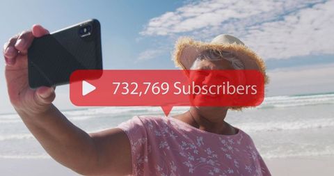Senior Woman Taking Summertime Beach Selfie with Social Media Overlay - Download Free Stock Images Pikwizard.com