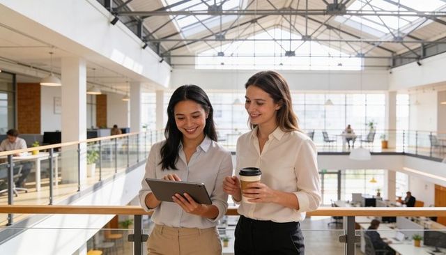 Two professional women collaborating over tablet on mezzanine in modern open-plan office