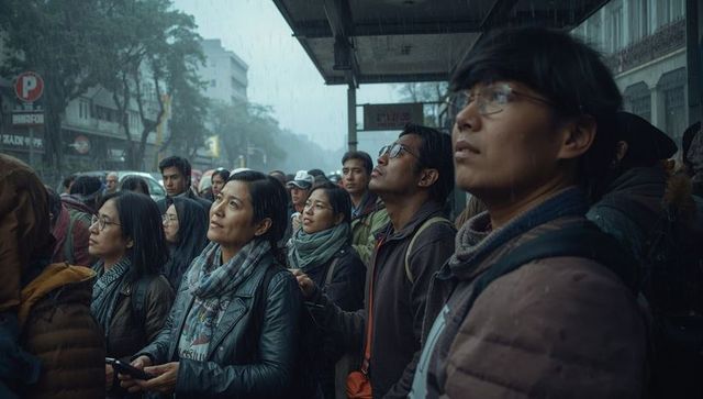 Crowded Rainy Bus Shelter with Commuters Looking Up, Urban Transit Moment