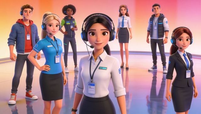 Leading customer support team wearing headsets and lanyards in bright corporate studio