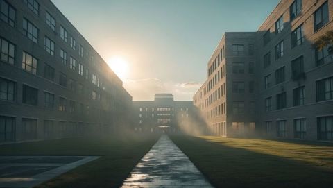 Urban morning mist in brick residential courtyard captured