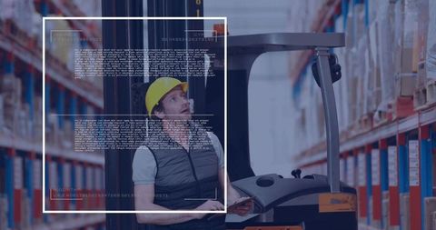 Forklift operator scanning warehouse racking with digital overlay for inventory management