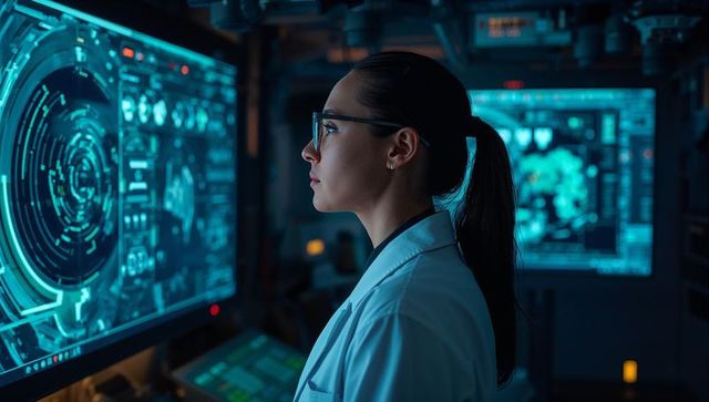 Woman engineer studying holographic radar display in cyan-lit laboratory control room
