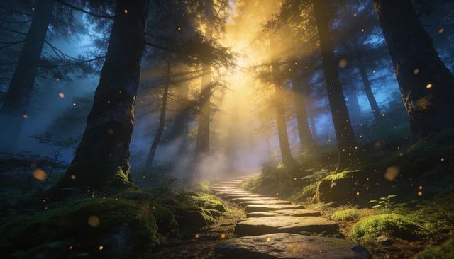 Mossy Forest Path Winding Up Stone Steps Through Mist with Sunbeams and Floating Embers
