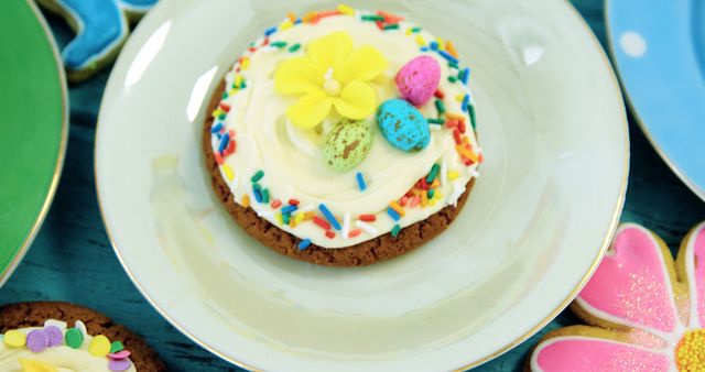 Colorful Easter Cookie Decorated with Icing, Sprinkles, and Candy Eggs - Download Free Stock Images Pikwizard.com