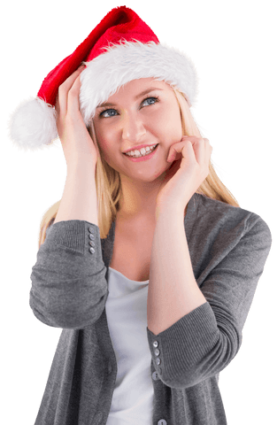 Festive Blonde Enjoying Christmas in Santa Hat on Transparent Background