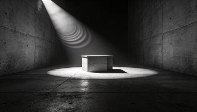Minimalist Concrete Pedestal Under Dramatic Spotlight with Light Rings and Deep Shadows