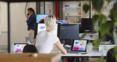 Female Creative Team Working in Open Office, Designer Editing Colorful Fish Illustrations