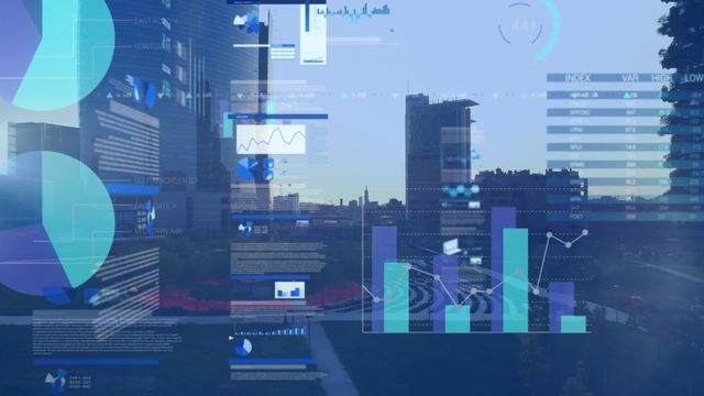 Digital interface overlay on an urban skyline showing various graphs and data visualizations. This video exemplifies the integration of technology in modern business environments. Perfect for illustrating concepts in data analysis, smart city development, financial insights, and future technology trends.