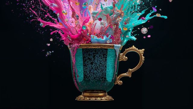 Gilded teacup erupting with magenta and cyan paint splash, ornate gold cup cgi art